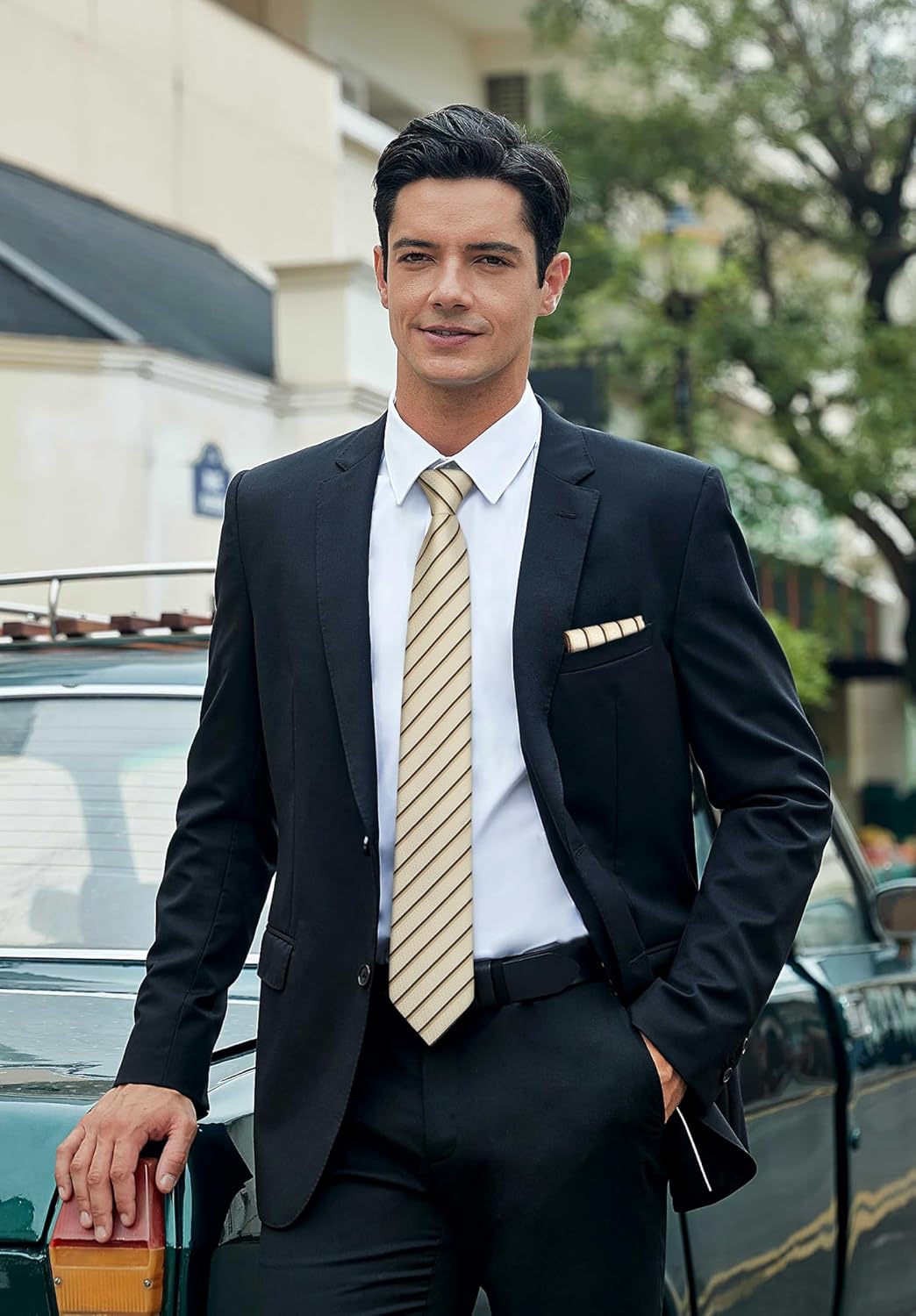 HISDERN Mens Striped Ties Classic Silk Woven Tie and Pocket Square Set Formal Business Necktie Handkerchief for Wedding - Image 6