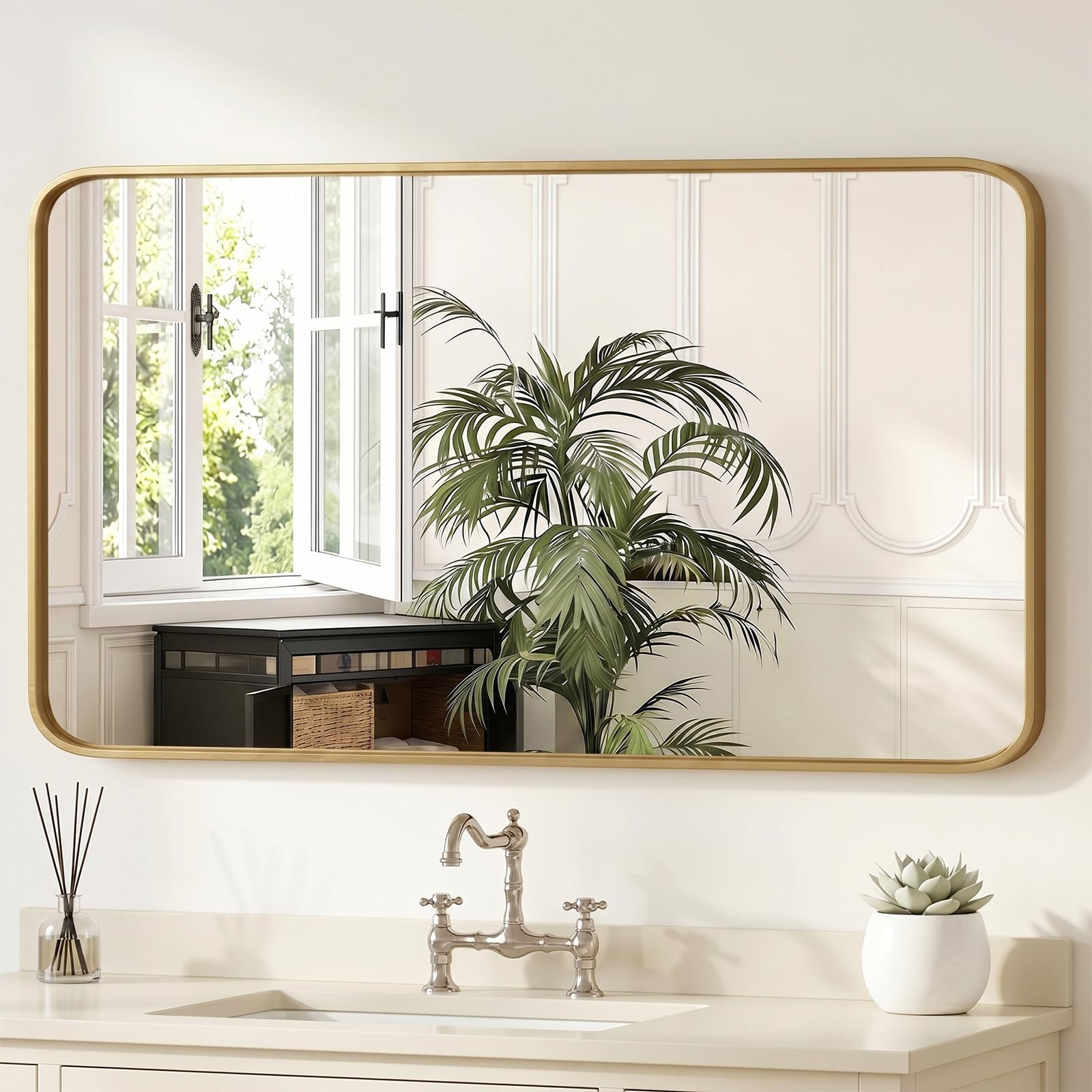 Sweetcrispy Bathroom Wall Mirror, 48x30 Inch Wall Mount Mirror for Over Sink, Modern Rounded Rectangle Vanity Mirrors with Matte Metal Framed, for Home Decor, Living Room, Bedroom, Gold