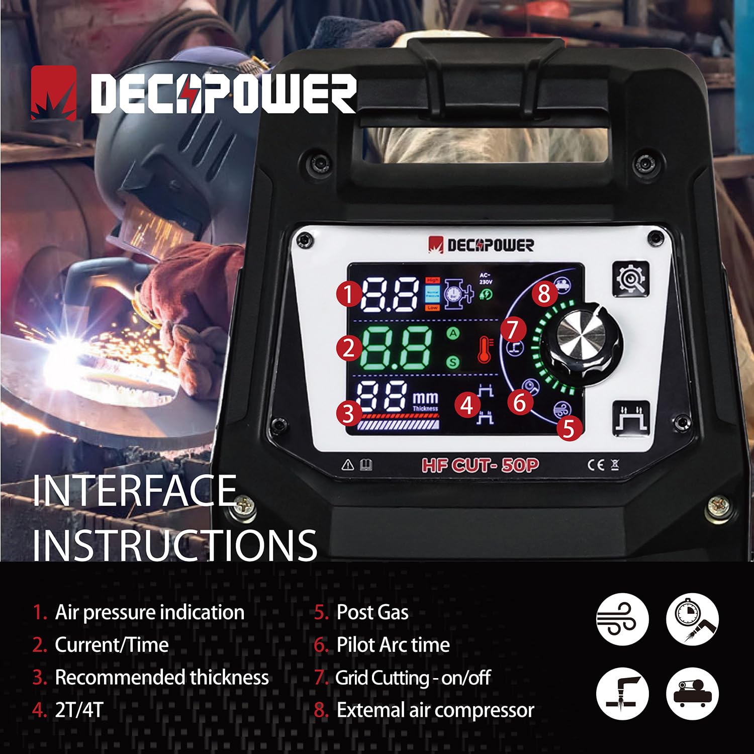 DECAPOWER macchina da taglio al plasma ad arco con driver HF CUT-50P 50Amp 220V Con arco di impatto del driver Taglio (Accessori standard)