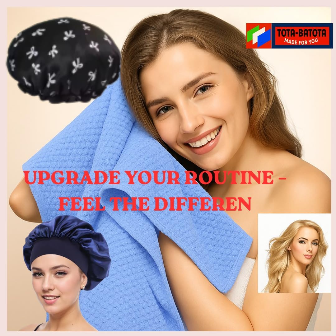 Microfiber Hair Towel Wrap & Satin Bonnet Set for Women – 3-in-1 Hair Drying Towel, Waterproof Shower Cap & Silk Sleep Bonnet for Curly, Long & Thick Hair – Anti-Frizz Heatless Hair Care (Blue)
