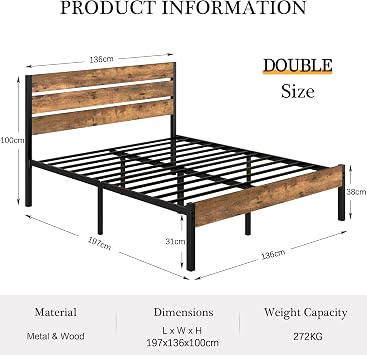 VECELO 4ft6 Double Bed Frame with Rustic Vintage Wood Headboard, Mattress Foundation, Strong Metal Slats Support, No Box Spring Needed