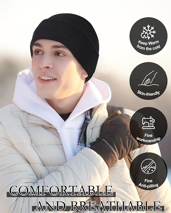 Wool Fisherman Beanies for Men, Short Knit Watch Cap Cuffed Trawler Hats