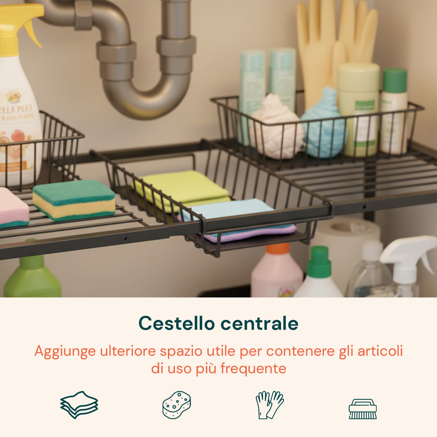 Wintem - Organizer Sottolavello Cucina Espandibile in Acciaio con 2 Cassetti Estraibili, Scaffale Salvaspazio Regolabile per Lavello, Mobile Cucina, Bagno e Lavanderia, Montaggio Facile