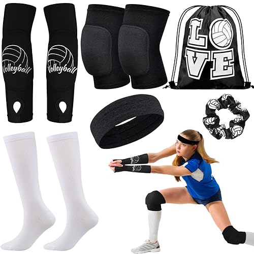 Juego de 6 rodilleras de voleibol, accesorios de voleibol, mangas para brazos de voleibol con orificio para el pulgar, banda para el sudor,