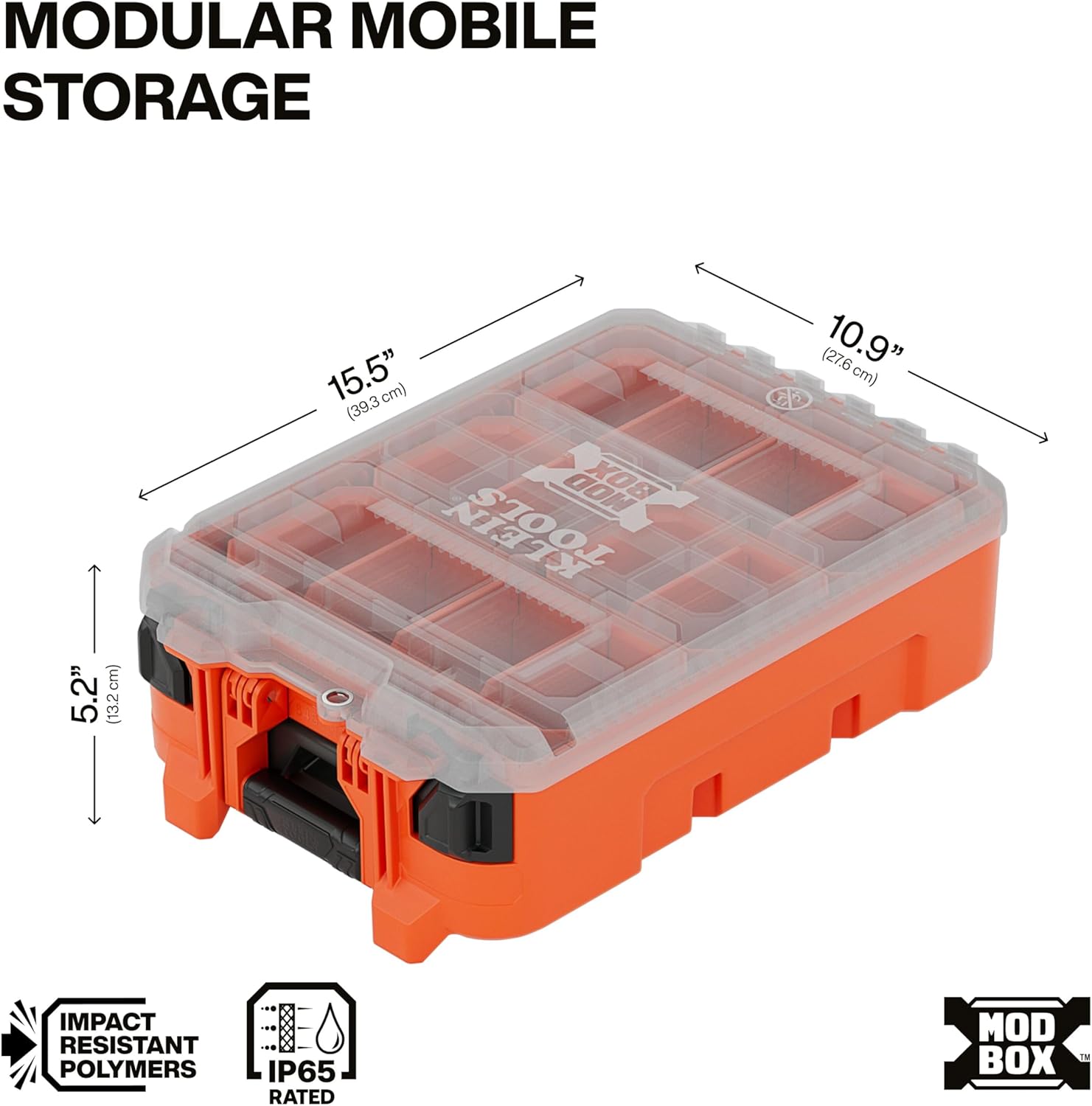 Klein Tools 54500MBX MODbox Tall Compartment Box, Half-Width Tool Organizer, Small Parts Tool Box with 10 Compartments, 4 Removable Bins, Stackable Module
