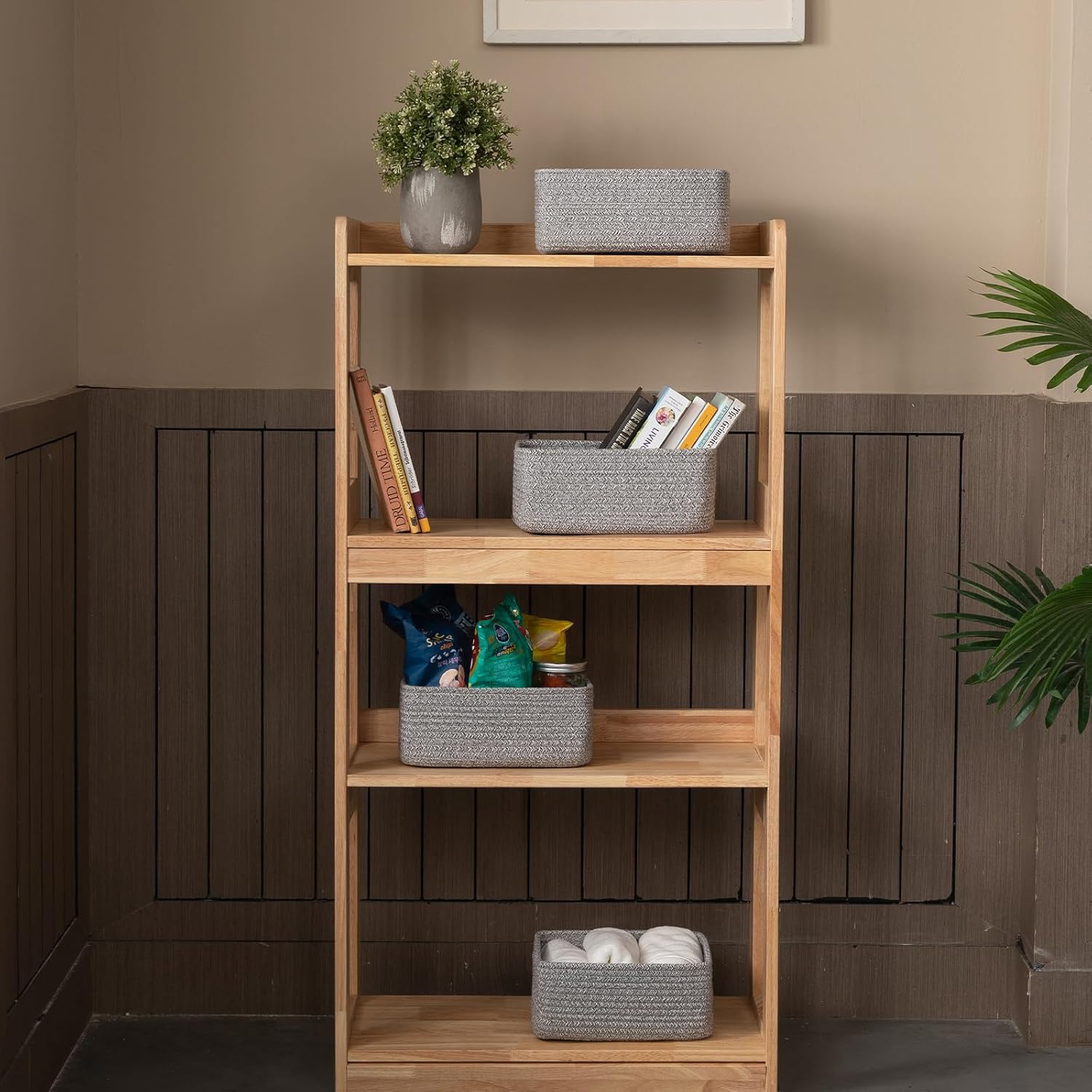 OIASKET 4 Pack Small Storage Shelf Baskets for Organizing, Mini Woven Rope Storage Bins for Towels, Cute Decorative Closet Organizer，Baby Nursery, Gift Empty Baskets -11.81''Lx7.87''Wx4.72''H-Grey