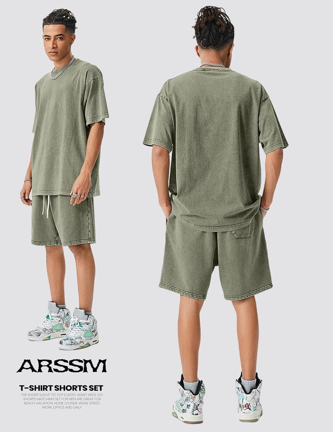 Arssm Mens Short Sets Outfits 2 Piece Summer Outfits Oversized T-Shirt Shorts Set Acid Wash Short Sleeve Tracksuit - Image 6