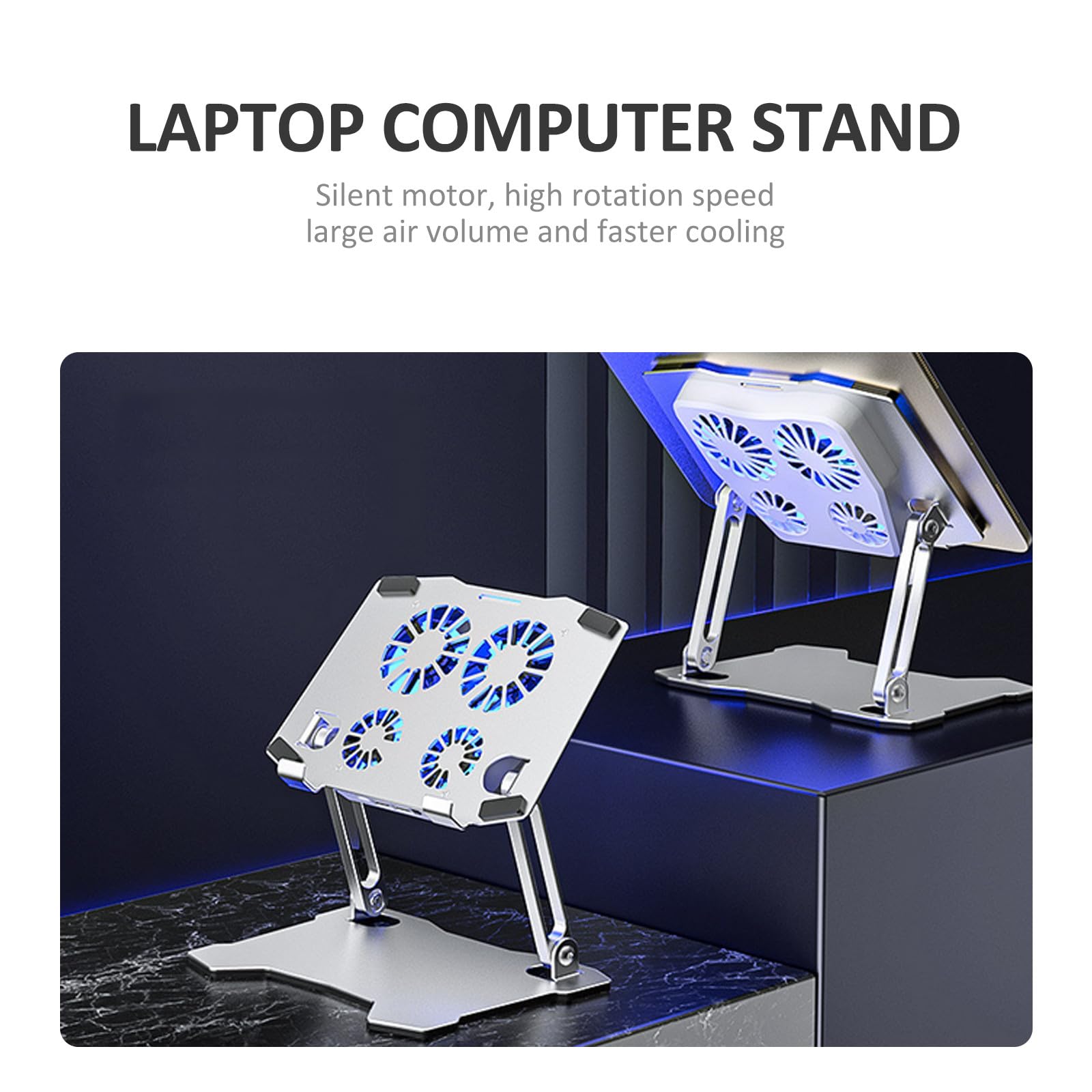 SHINEOFI Supporto per Laptop Regolabile in Altezza e Angolo 4 Ventole di Raffreddamento Silenziose, Struttura in Metallo Argento per Ufficio e Casa