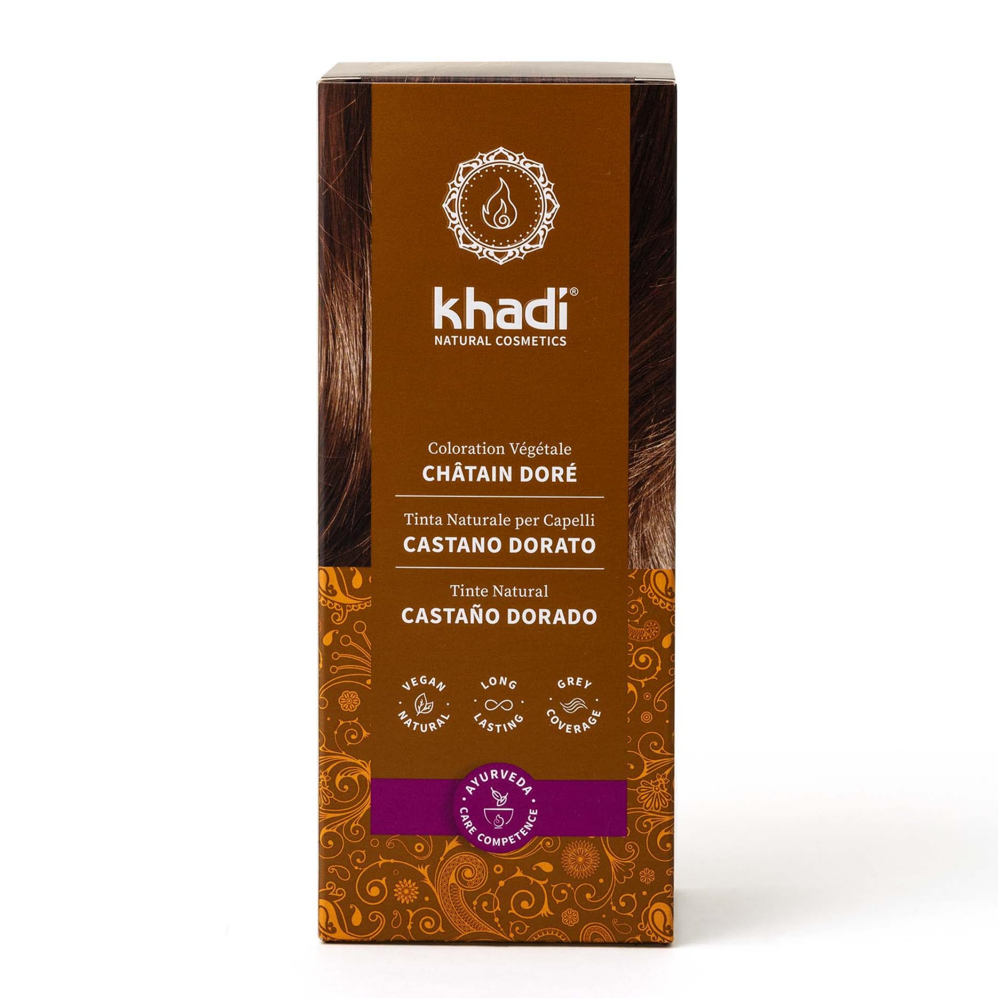 khadi CASTANO DORATO Tinta Naturale per Capelli, sfavillante castano ambrato fino a un colore dorato, luminoso e vellutato, 100% vegetale, e vegano, 100 g