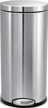 simplehuman Round Step Can, 30L / 8 Gallon Kitchen Trash Can, Iconic Round Shape, 150,000-Step Pedal, Lid Shox Silent Close, Removable Inner Bucket, Brushed Stainless Steel