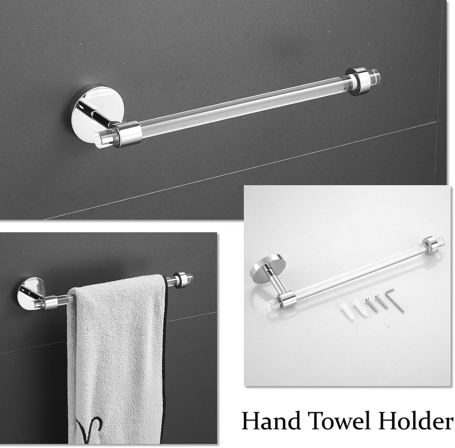 Acrylic Bathroom Hardware Accessories Set - Chrome Hand Towel Holder Toilet Paper Holder Towel Hook - Wall Mounted Bath Towel Bar Set 3 Pieces SHUNLI