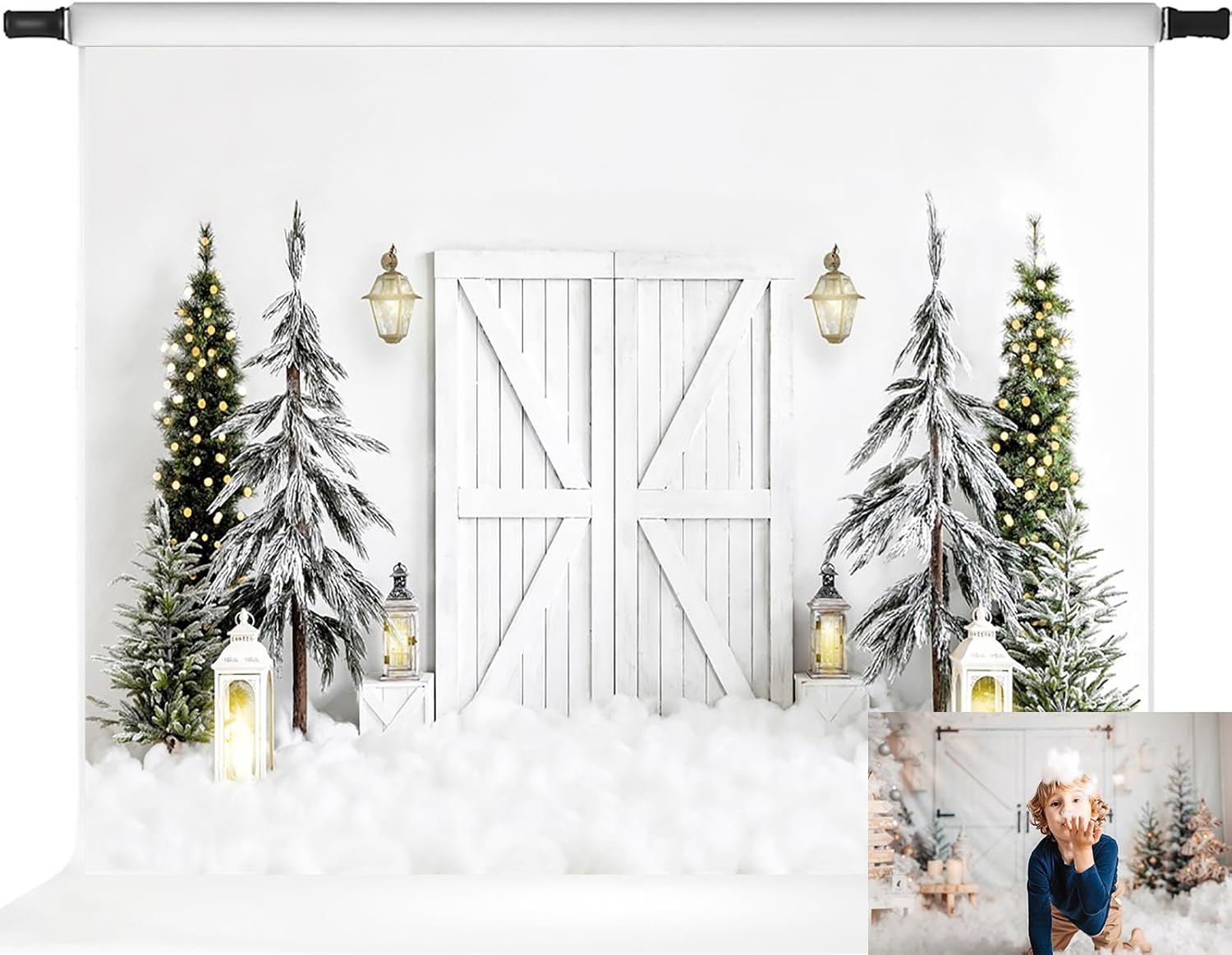 Kate Christmas Backdrop White Snowy Barn Door Merry Christmas Pine Trees Lanterns Scene Photography Background 7x5ft