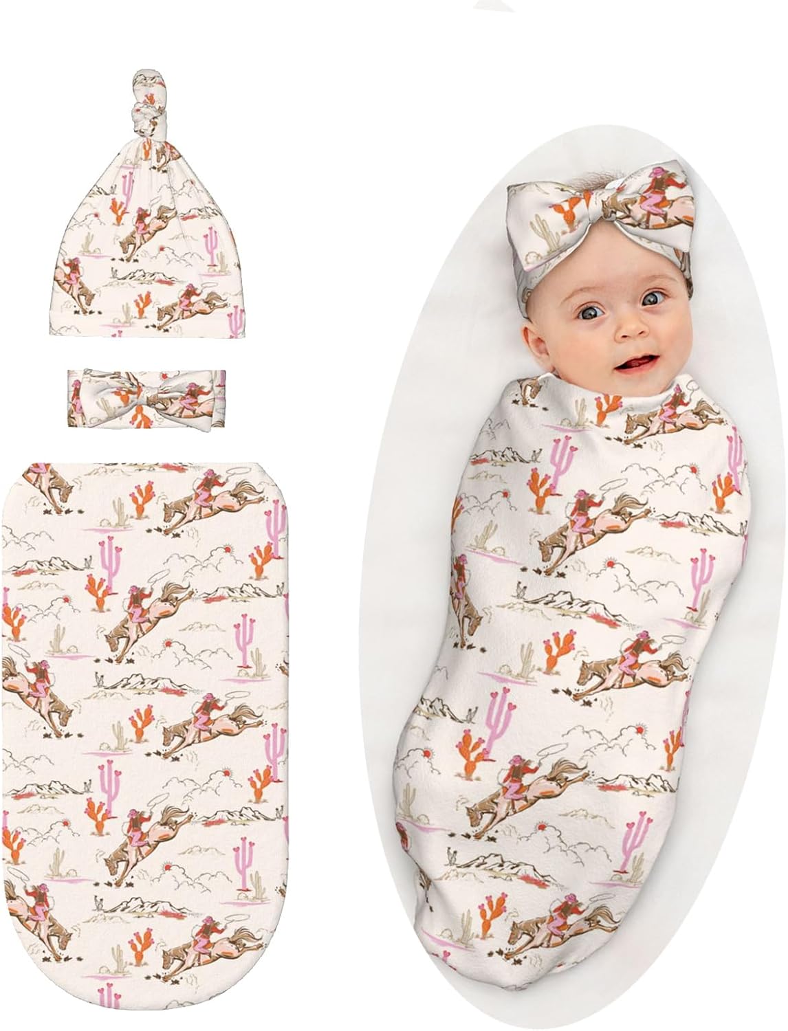 Western Baby Stuff Swaddle Blanket with Headband and Beanie Set, Western Style Blanket Infant Shower Gift for Boys Girls