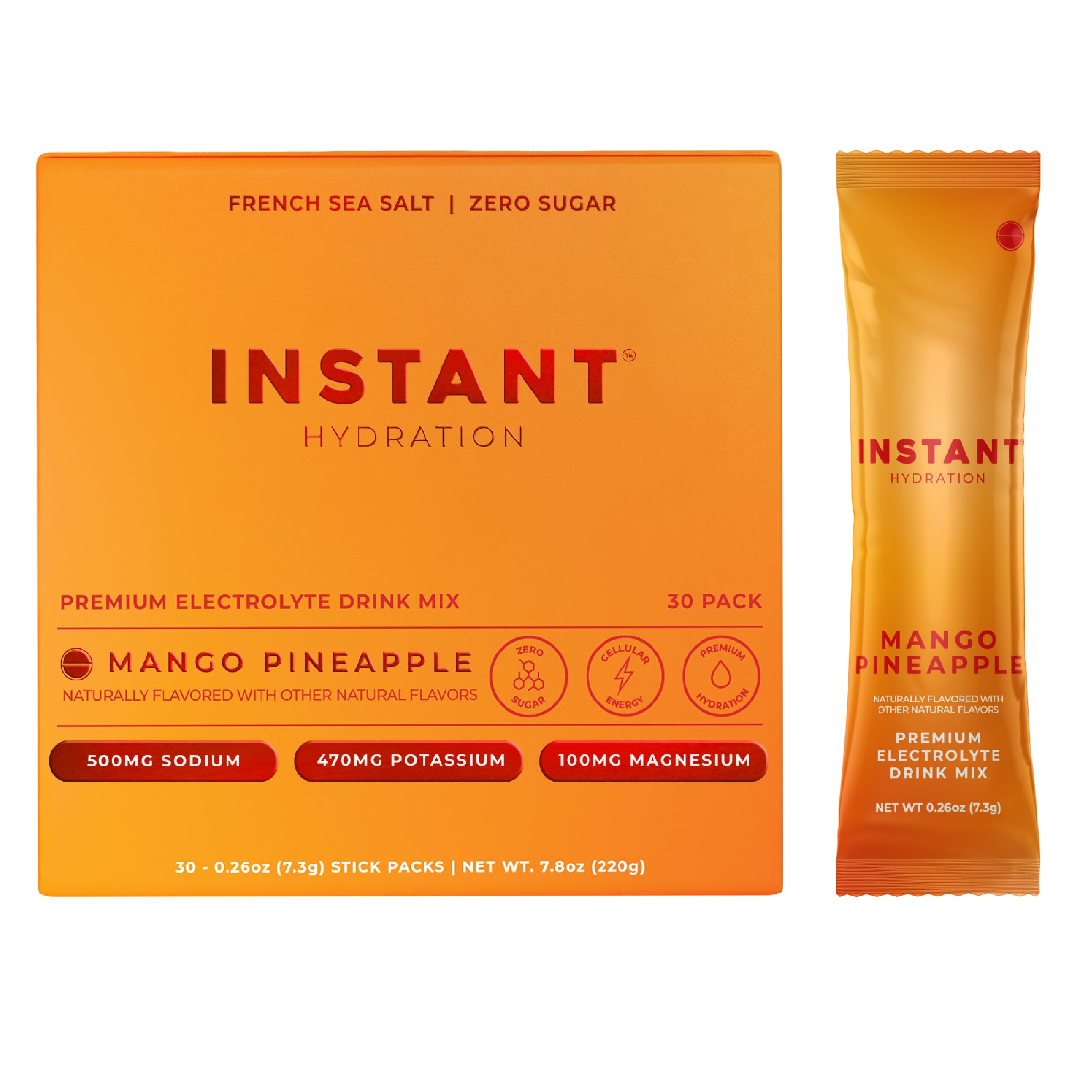Instant Hydration Electrolytes Powder Packets - Mango Pineapple Drink Mix - Zero Sugar - Keto, Vegan, Gluten-Free, Non-GMO - Boost Recovery, Brain Health, Muscle &amp; Tissue Support- 30 Sticks