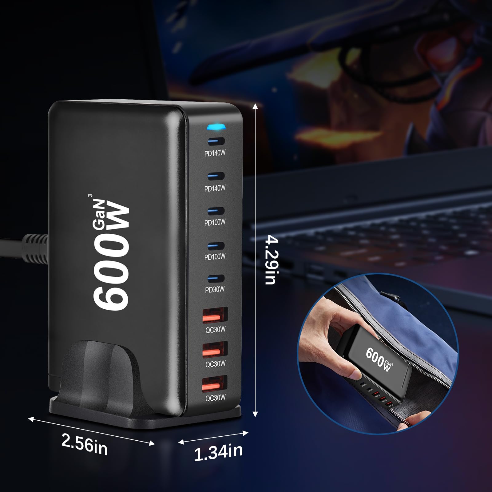 Caricatore USB C da 600 W, multiuso, 8 porte USB, ricarica rapida USB con 5 USB-C e 3 caricabatterie USB-A PD PPS 140 W USB C alimentatore di rete per MacBook Pro/Air,iPad Pro/Air,Sumsung ecc