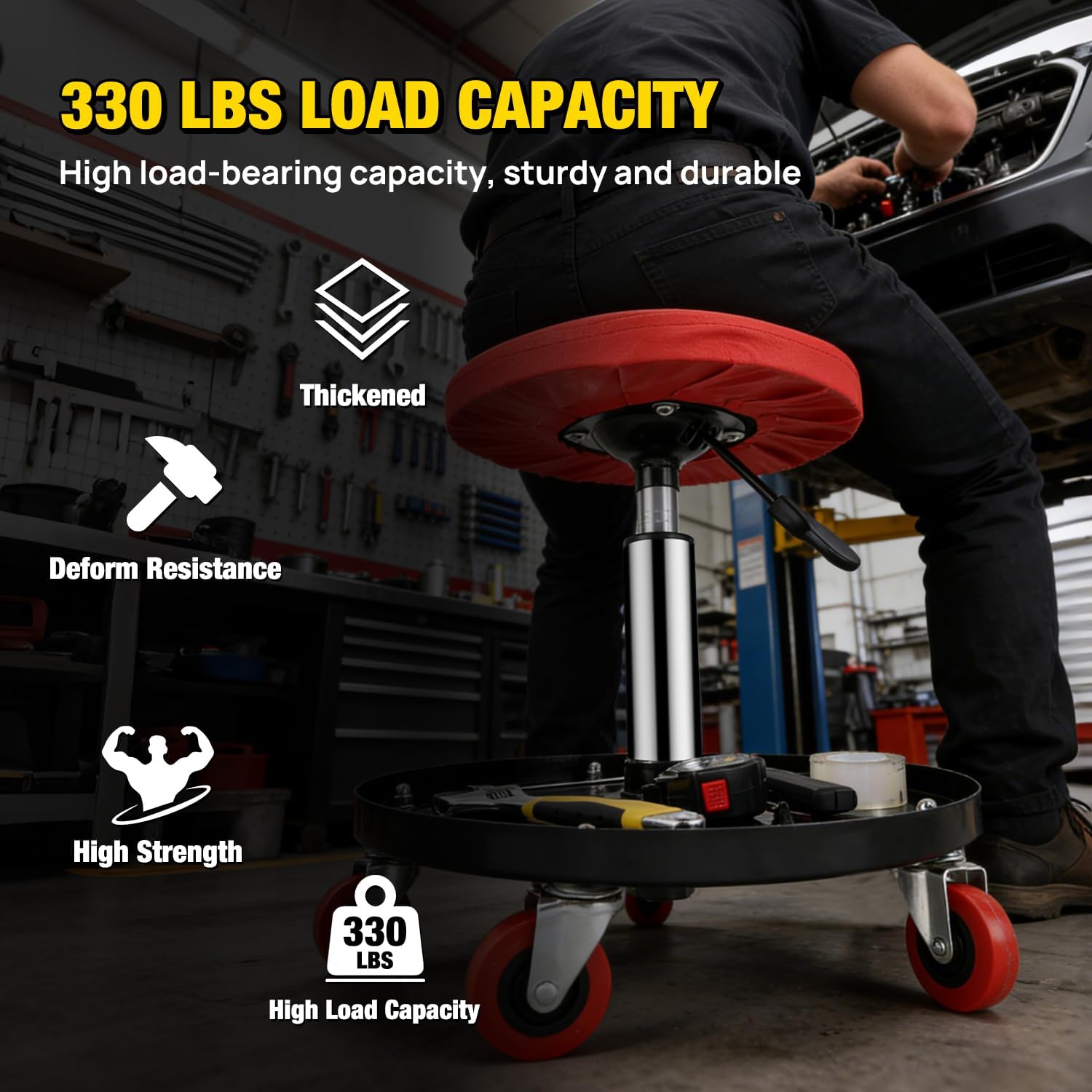 Nilight Rolling Mechanic Stool 330 LBS Pneumatic Adjustable 360° Swivel Casters Steel Tool Tray Waterproof PU Seat for Garage Auto Repair Shop Workshop Warehouse