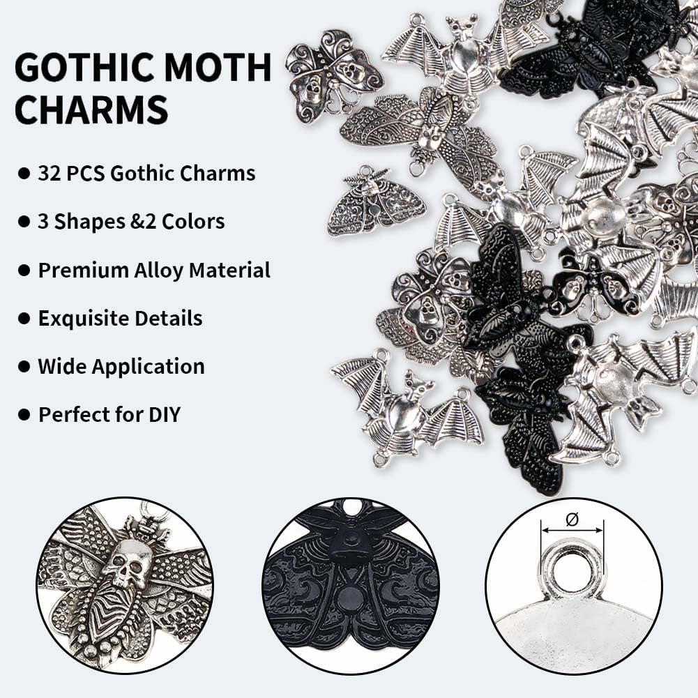 32 PCS Vintage Moth Charms Gothic Style Halloween Skull Charms Moon Phase Moth Insect Charm Butterfly Skeleton Head for Jewelry Making, DIY Necklace Bracelet Crafting Supplies