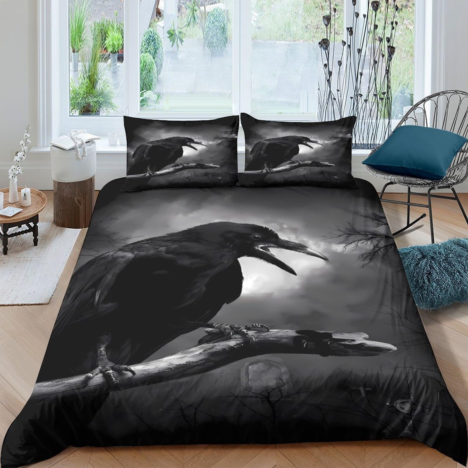 Ctjqhvkz Style-10 3D Printed Black Raven Fitted Sheet Microfiber Soft Breathable Night Forest Mattress Cover For Bedroom Guest Room Decor Single（135X200cm）