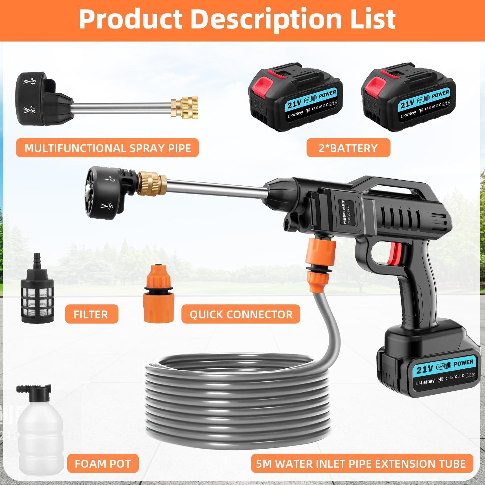 Nettoyeur Haute Pression sans Fil,Batterie 21 V,62 Bars,avec 2 Batteries, Tuyau de 5m,buse Multifonction 6 en 1 et réservoir de Filtre. Idéal pour Voitures,pelouses,piscines