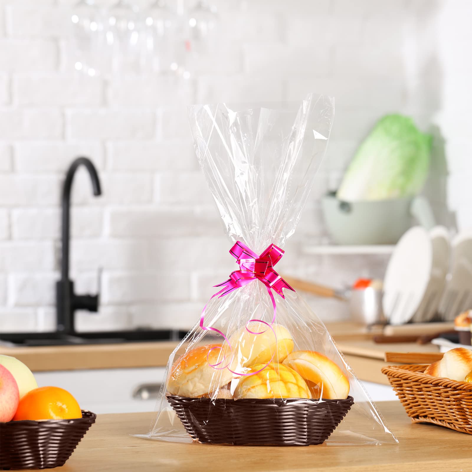 12 Pieces Oval Basket Food Storage Basket Woven Empty Basket Fruit Basket Gift Baskets with 60 Colorful Pull Bows and 30 Clear Gift Bags for Kitchen, Restaurant (Dark Brown, 9 x 6 x 2.24 Inches)