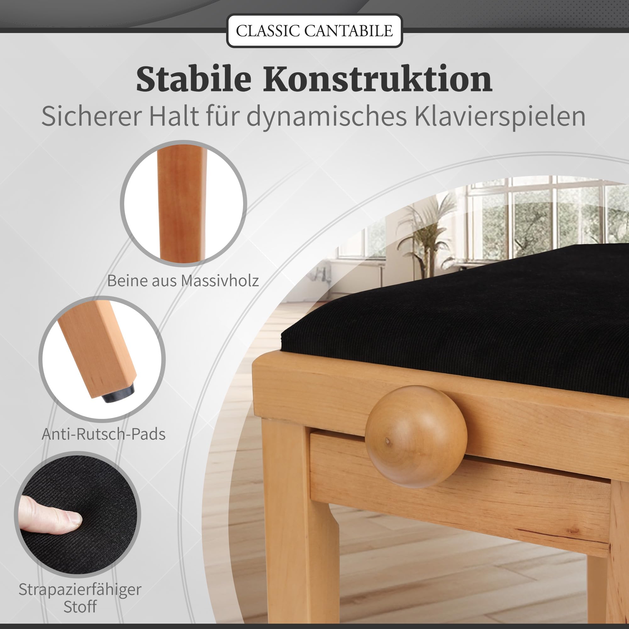 Classic Cantabile Pianobank Kirsche-matt (Höhenverstellbar von 47-56cm, Spindelmechanik, Sitzfläche 55 x 32cm, schwarzer Velourbezug, stabil)