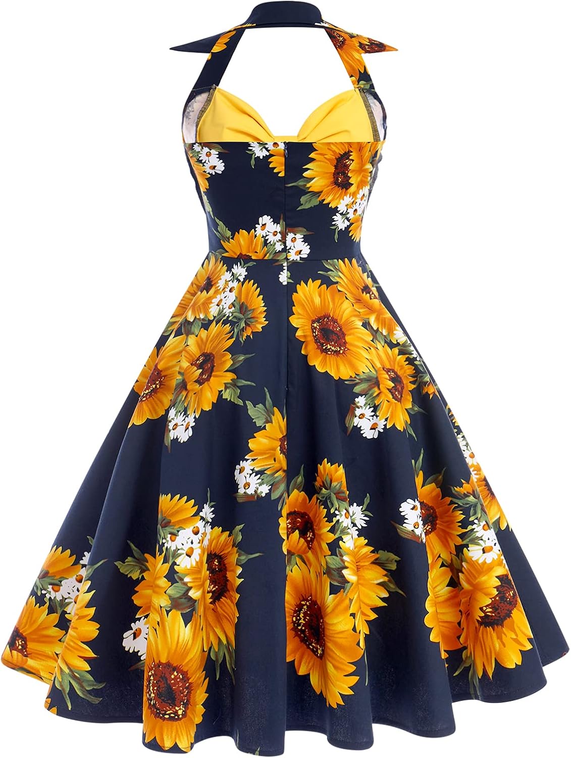 Women 50s Vintage Cocktail Swing Dress Halter Tie Knot Front Retro 1950s Audrey Hepburn Rockabilly Prom Dress Fake Two Piece Color Block Apron Wedding Party A line Evening Dress Yellow Sunflower S - Image 4