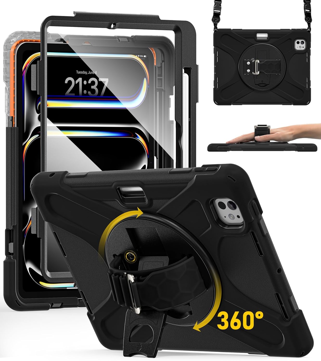 BRAECN Case for iPad Pro 11 inch M5 2025 & M4 2024, 4 Layers Heavy Duty Full-Body Protection Screen Protector Pencil Holder, 360° Rotating Handle Kickstand, Shoulder Strap Kids Friendly