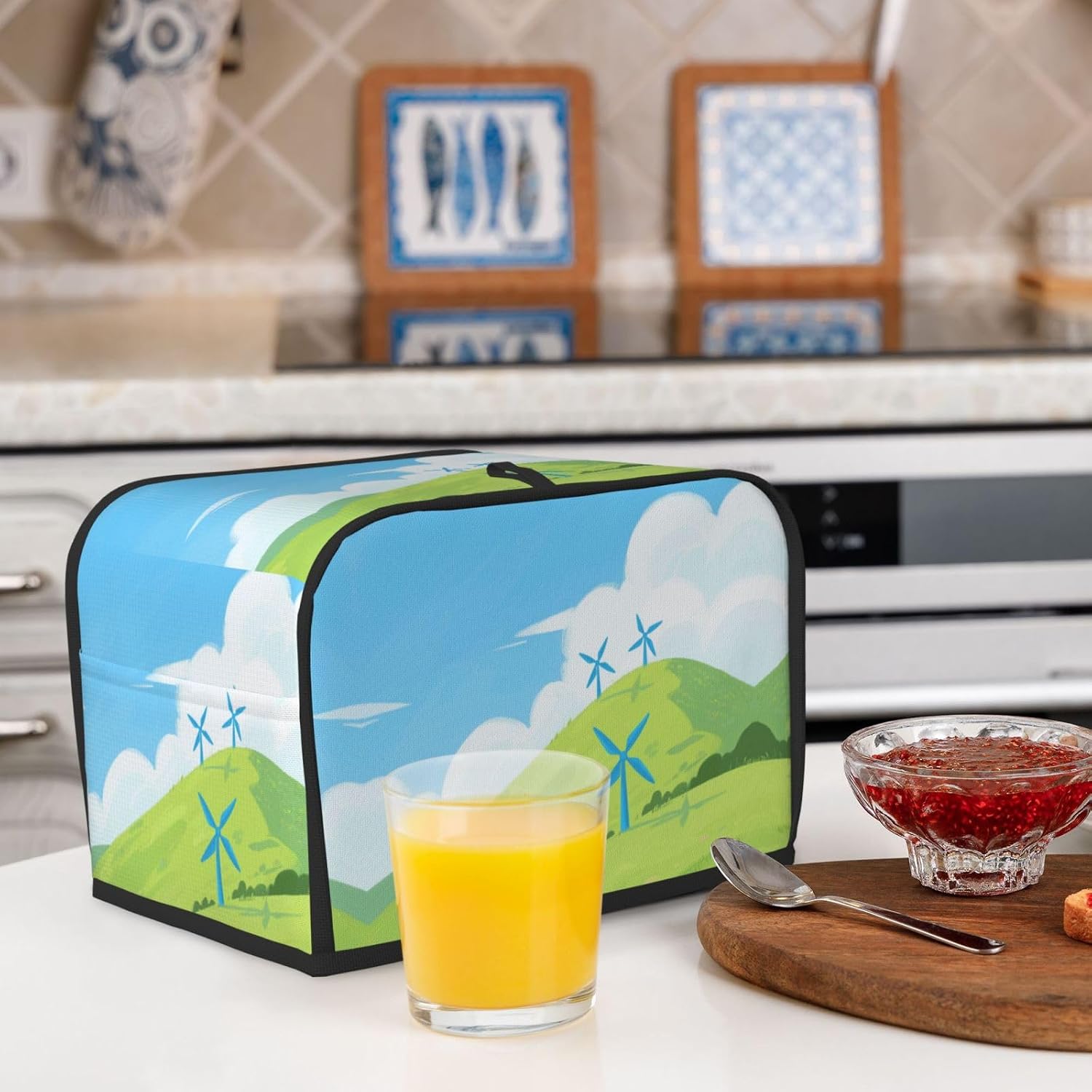 Green Blue Toaster Cover 2 Slice, Waterproof Bread Machine Covers with Pockets Universal Size Kitchen Small Appliance Cover with Handle, Dust and Fingerprint Protection