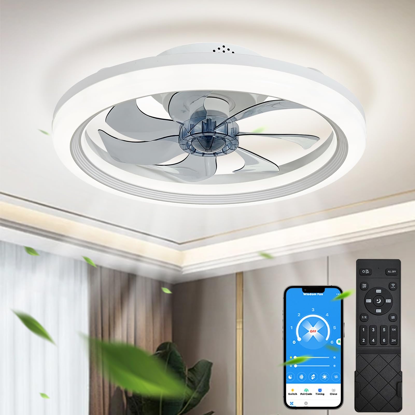 YUNZI Ventilatore A Soffitto Con Luce LED E Telecomando, 50 Cm, 6 Velocità, Timer, Moderno Nero