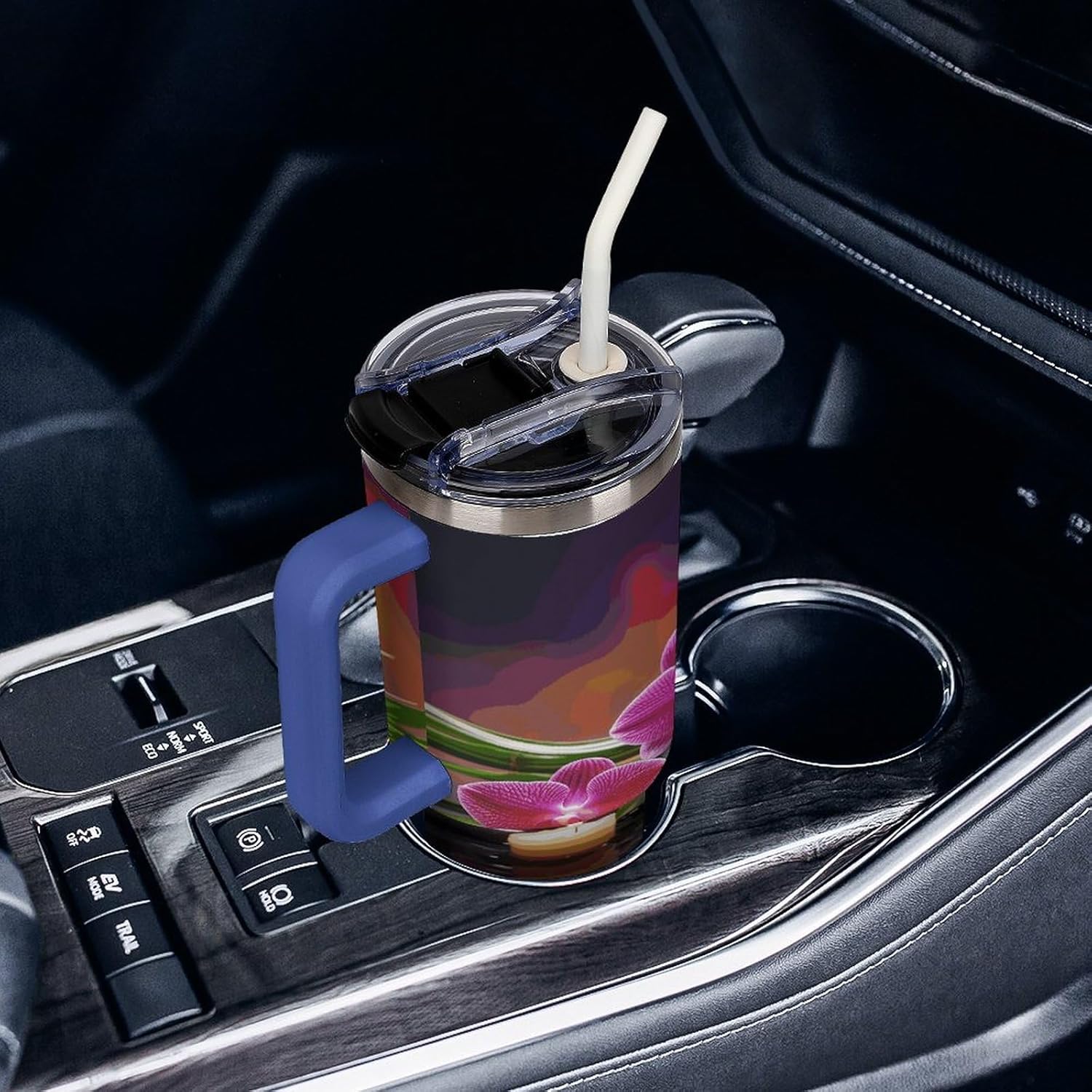 40 Oz Insulated Mug with Handle, Stainless Steel Flowers in Fountain Massage Stones And Bamboo Printed Travel Mug Portable Leak-proof Large Car Mug for Home, Office Or Car