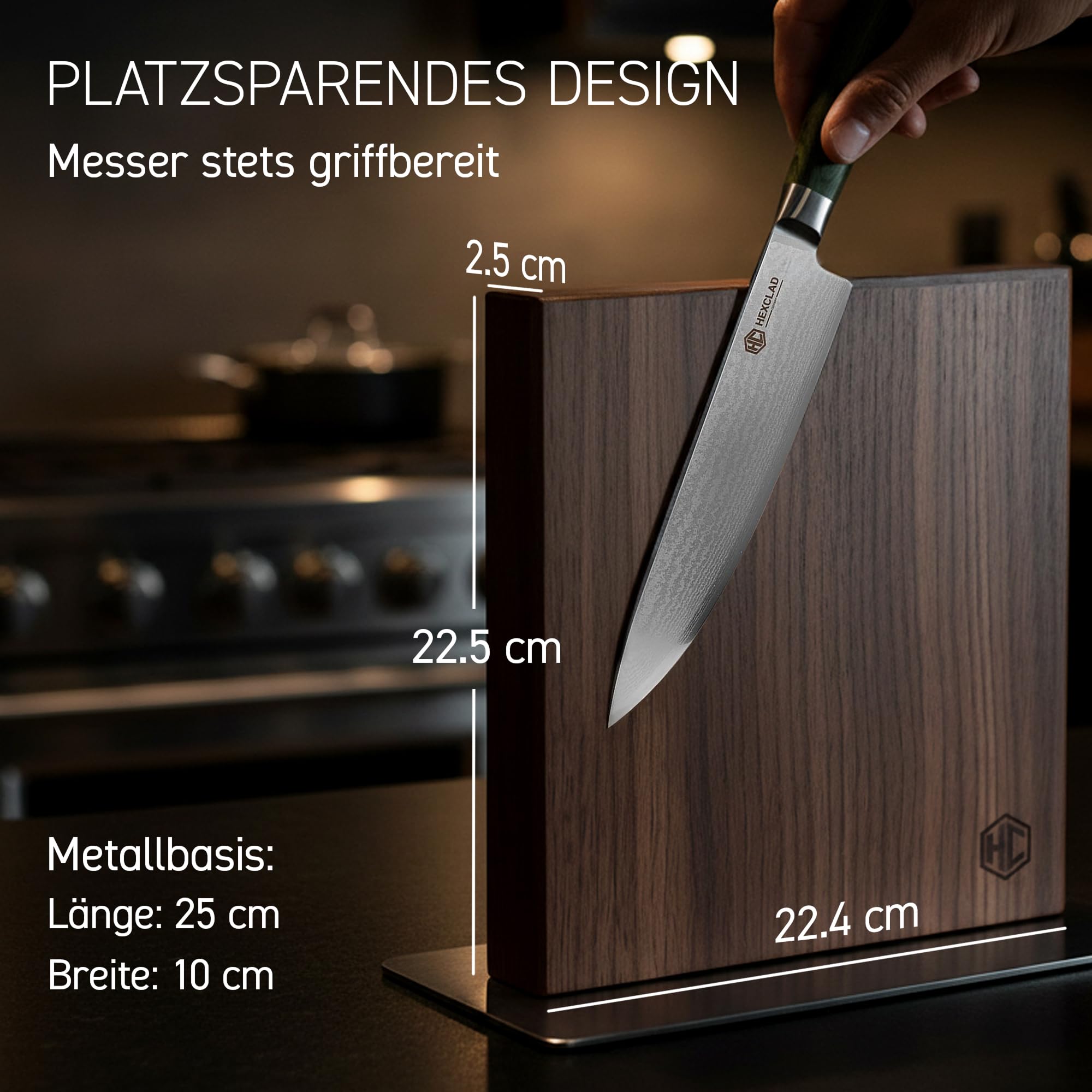 HexClad Magnet-Messerblock 22,4 x 22,5 cm – aus Walnussholz