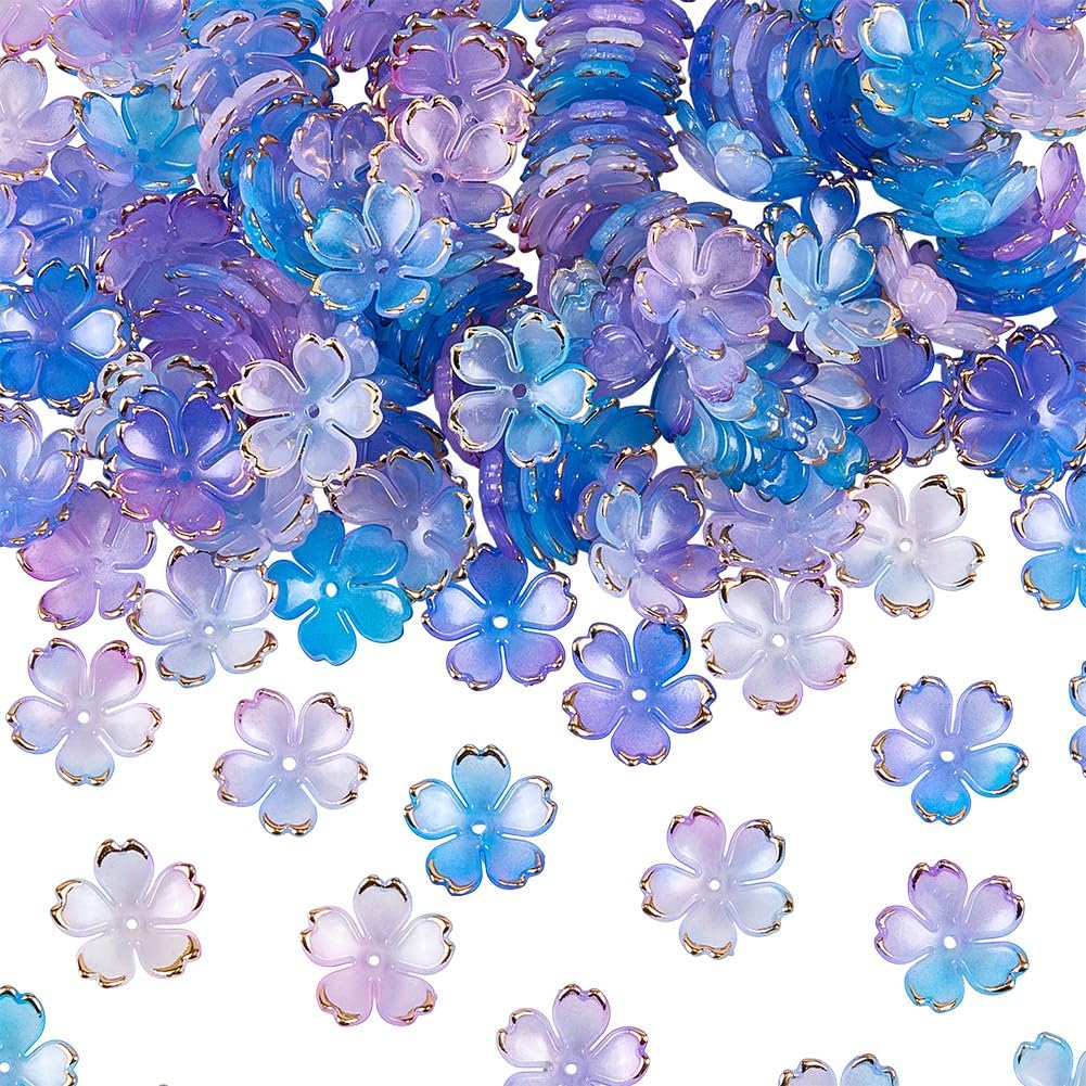1 Box 180PCS Acrylic Flower Beads Caps with Hole Purple Pink 5 Petal Floral Resin Golden Edge Cherry Finding Ends Spacer Bead Caps for Jewelry Making Bracelet Necklace DIY Craft Supply