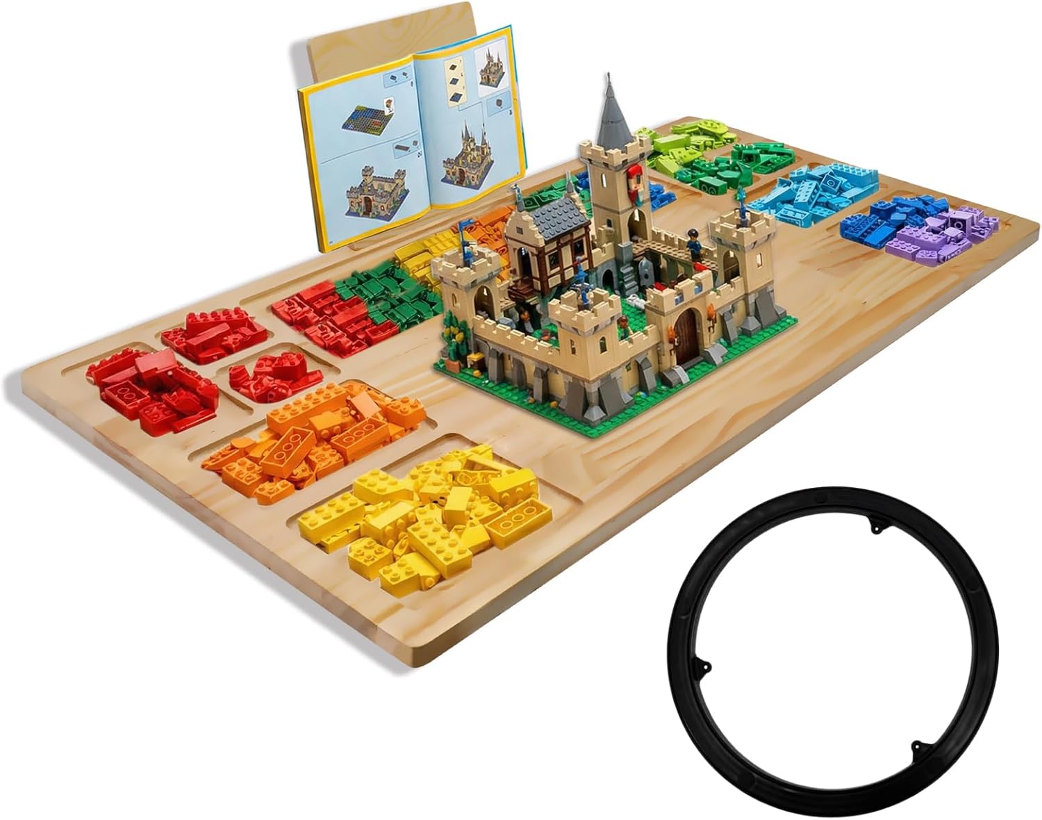 Building Baseplate Table Fit for Lego, Wooden 360° Rotation Building Tray Table with Spill Prevention and Sorting Design, Suitable for Card Games, Puzzles and Building Block Creations