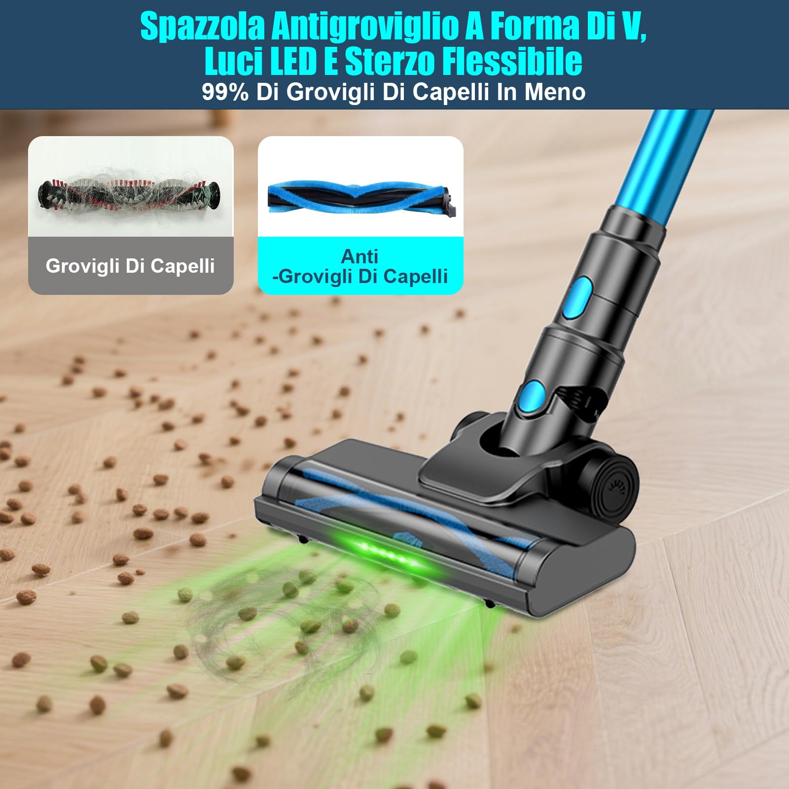 Aspirapolvere Senza Fili, Verticale Ultra-Potente 70 Minuti/45KPA/550W, Aspirapolvere con Display LED, Luce Verde, Anti-Groviglio, Rilevamento dello Sporco, per Tappeti, Peli Animali, Pavimenti Duri