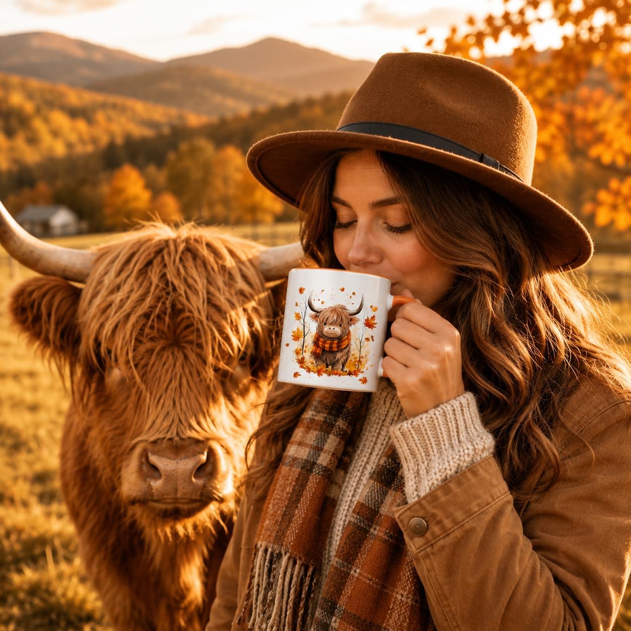 Hyturtle Fall Highland Cow Maple Leave Coffee Mug with Spoon Gift For Women