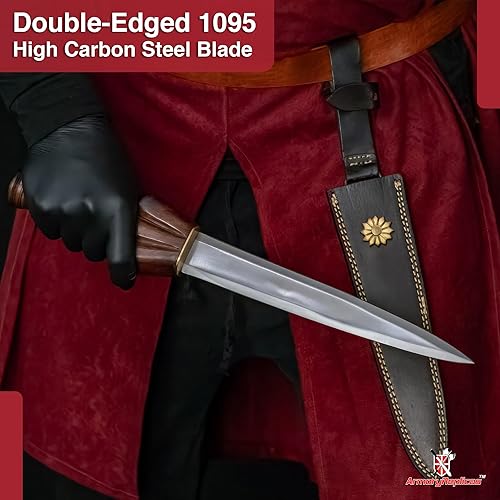 Miniatura 5 de Armory Replicas Daga de buey medieval forjada a mano Hoja de doble filo de acero de alto carbono 1095 con mango de madera de latón y funda de cuero