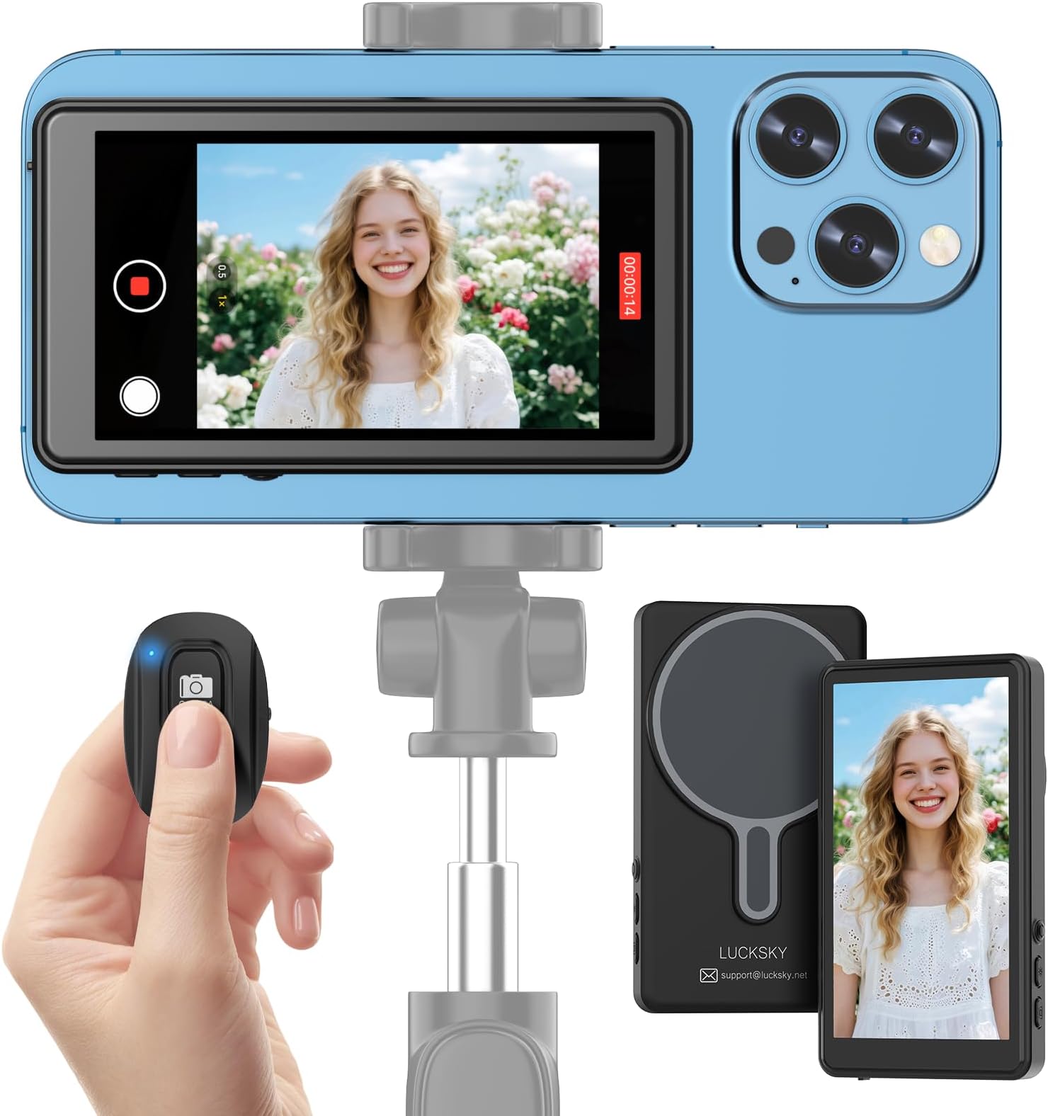 Vlog Selfie Monitor Screen iPhone, 4K 60fps Recording, Wireless Screen Mirroring with Remote Control, Magnetic Fixation, 180° Rotation, 3 Levels of Brightness, Compatible with iPhone & Android