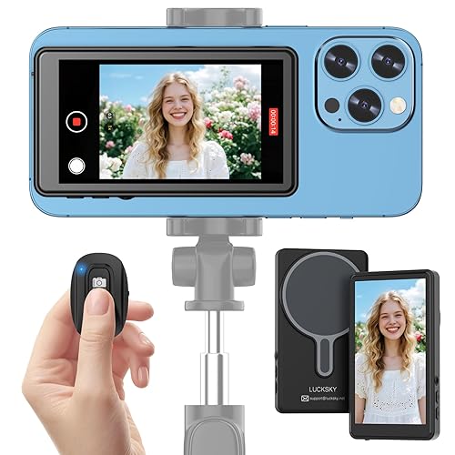 Vlog Selfie Monitor Screen iPhone, 4K 60fps Recording, Wireless Screen Mirroring with Remote Control, Magnetic Fixation, 180° Rotation, 3 Levels of Brightness, Compatible with iPhone & Android - Black