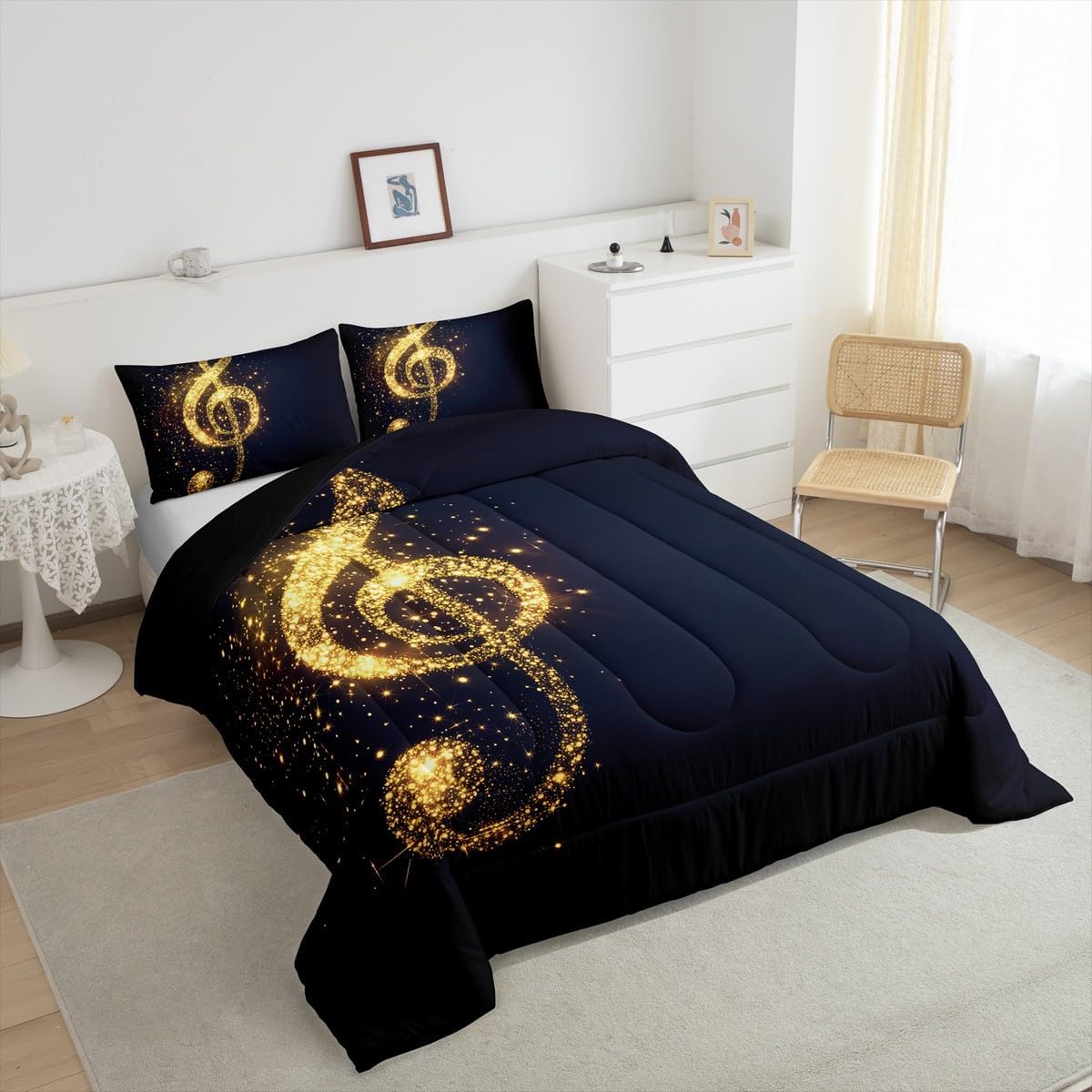 Erosebridal Golden Musical Notes Comforter Set Queen Size,Glitter Dots Duvet Insert for Teens Boys Girls,Music Theme Bedding Set,Modern Fashion Bedroom Decor Black