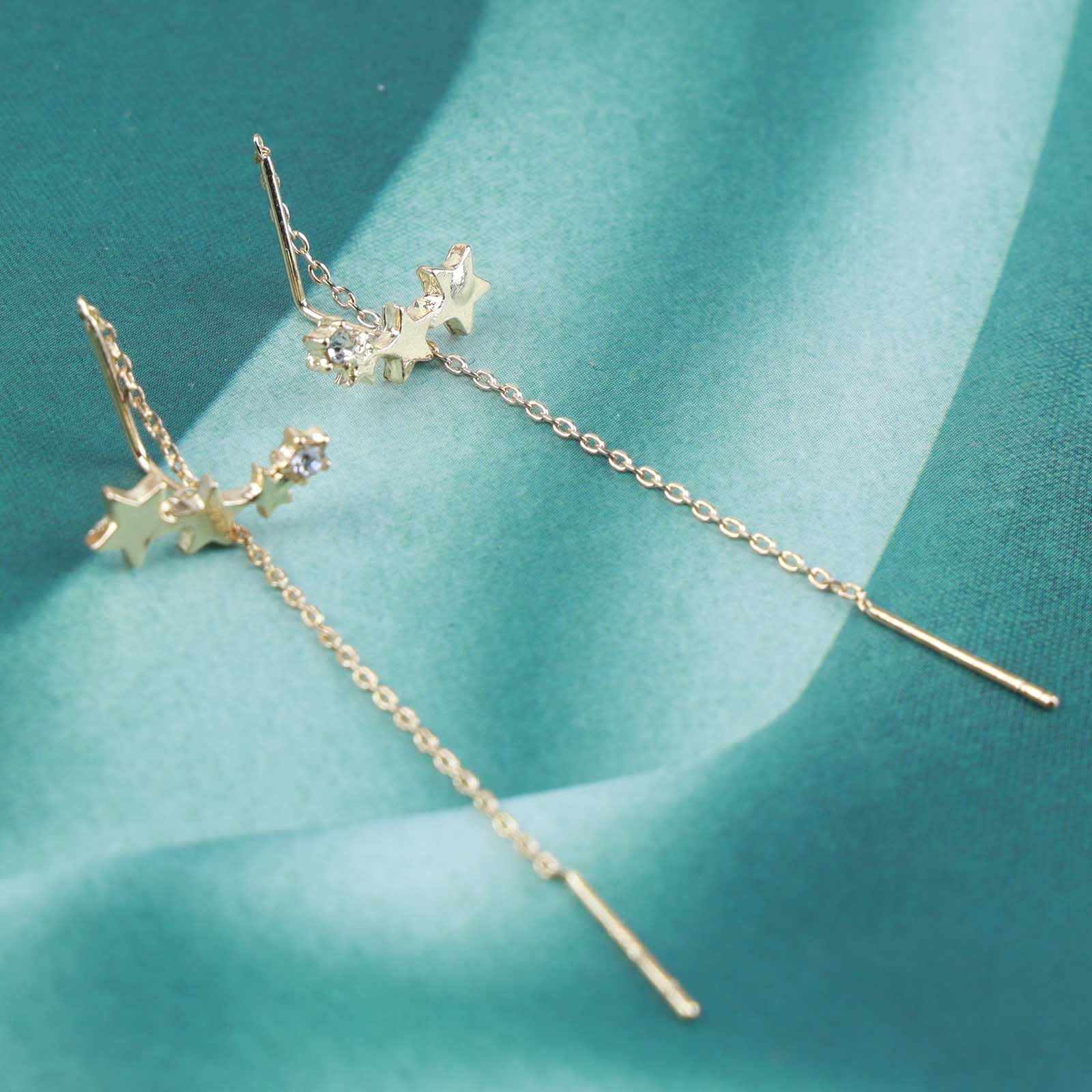 Orecchini A Stella Tripla Striscianti In Oro – Bohémien Con Cristalli – Regalo Per Donna E Ragazza