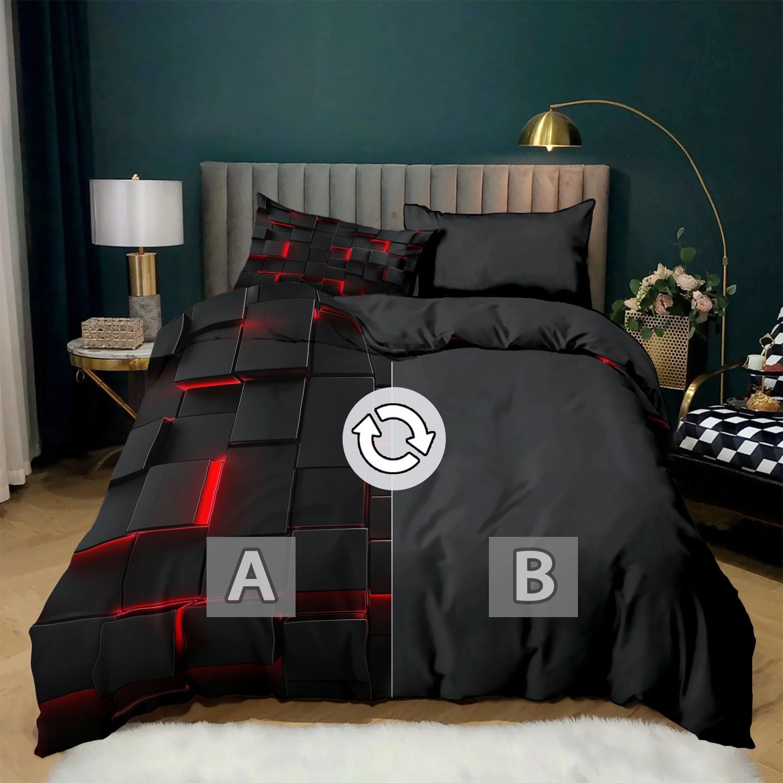 Juego de Funda Nordica Cama 135/150 Patrón Cubos Negros Y Rojos 3D Fundas Edredón, 220 x 240 cm Funda Nórdica y 2 x Fundas de Almohada de 50x75 cm Microfibra Suave Transpirable, Gris Oscuro