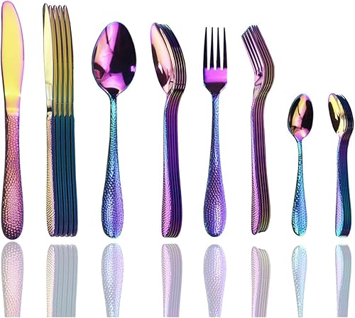 Miniatura 13 de JASHII Juego de cubiertos de 4 piezas de acero inoxidable dorado forjado con mango martillado, servicio para 1 pulido de espejo, apto para Oro