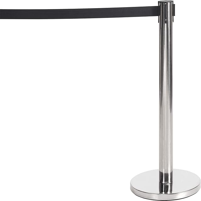 Queue Barrier, Retractable Belt, Pull Out Safety Tape, Queuing Post, Chrome Base with (Chrome Post, Black Belt)