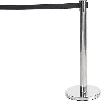 Queue Barrier, Retractable Belt, Pull Out Safety Tape, Queuing Post, Chrome Base with Chrome Post, Black Belt