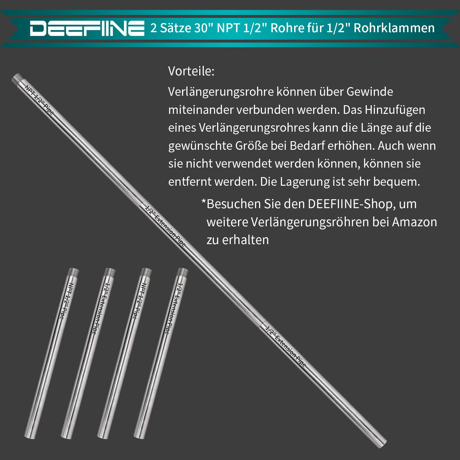 2 Stück 76cm 1/2 Zoll Gewindestandard Edelstahl-Rohrverschraubung Fit rohr-schraubzwinge 1/2 zoll mit 2 Stück 76cm Verlängerungsstänge aus Edelstahl