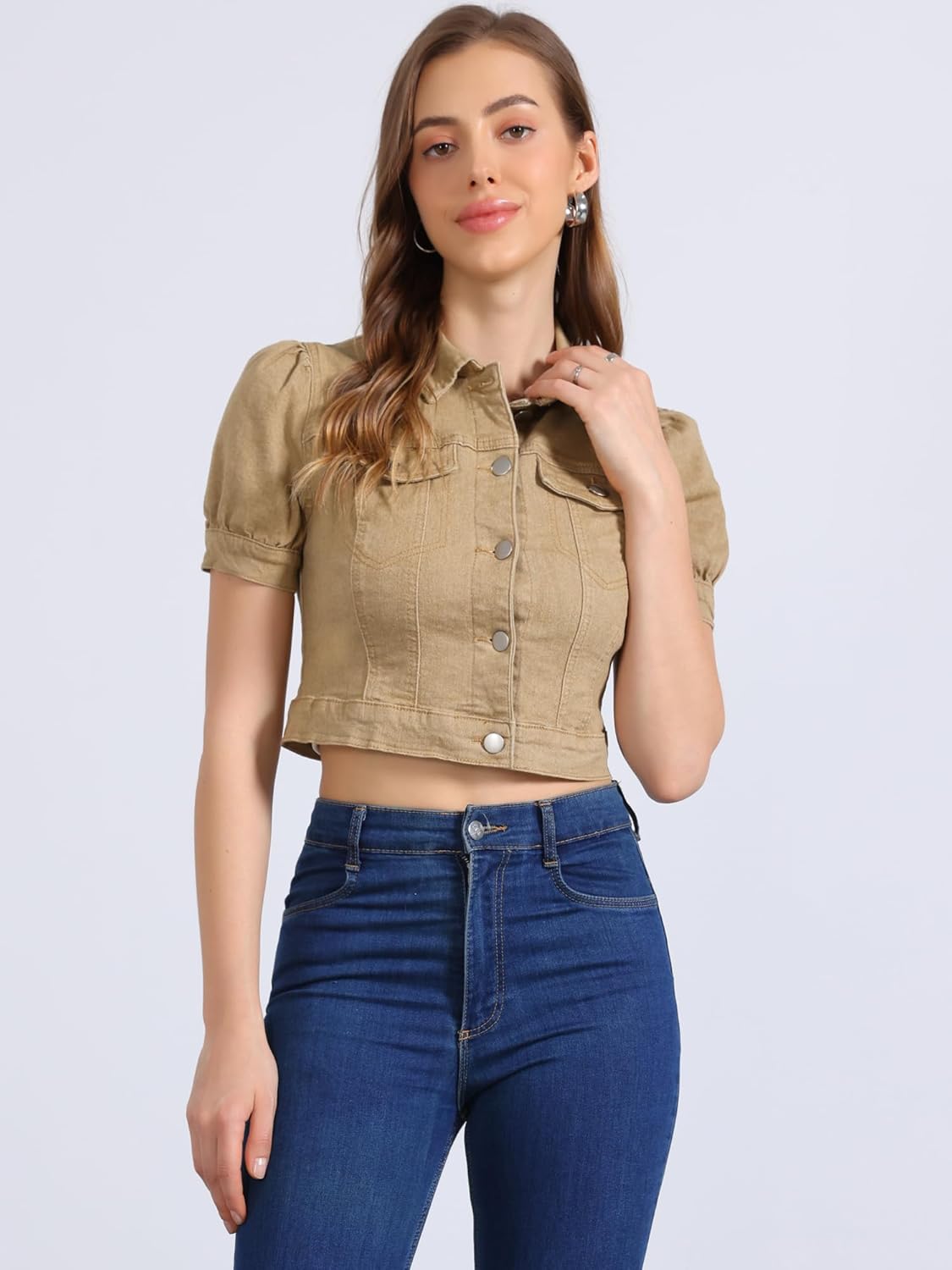 Allegra K Women's Denim Cropped Jackets Button-Down Y2K Puff Sleeve Western Jean Jacket