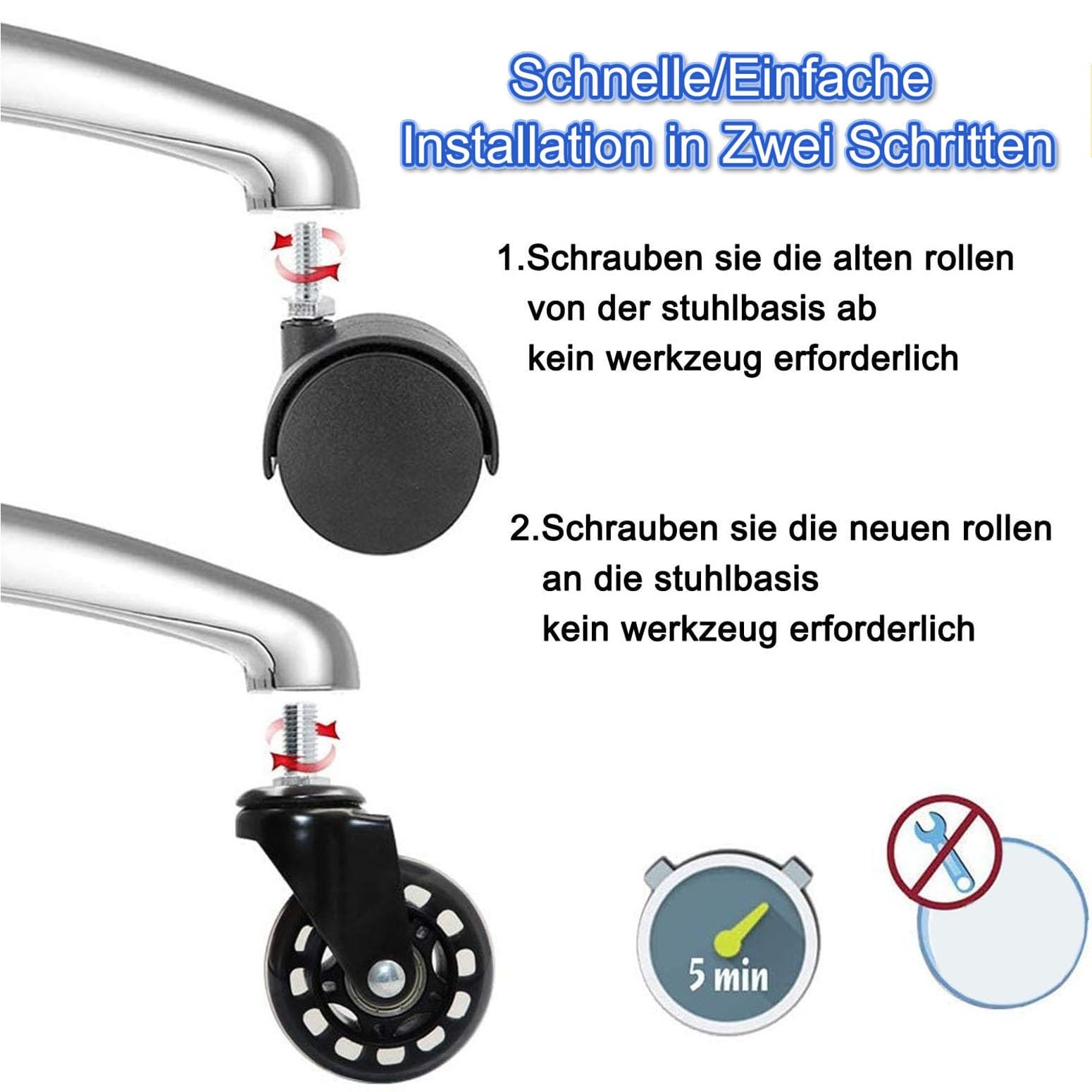Bürostuhl Rollen 5er-Set/6er-Set, Leises Gleiten Bürostuhl Rollen mit Gewinde 2,5/3 Zol, Kratzerfrei & Leises Gleiten (Size : 6PCS-2.5in)