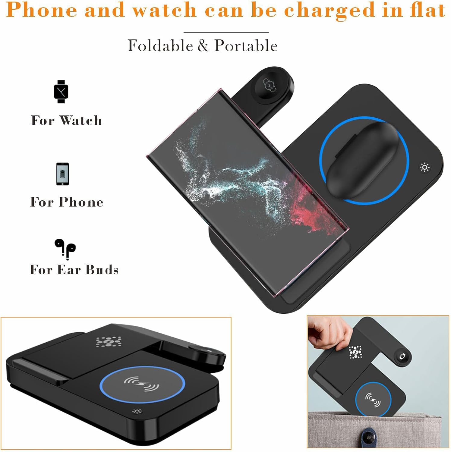 3 in 1 Charging Station for Samsung Android: Wireless Phone and Watch Charger for Galaxy S26 Ultra/S25 Ultra/S24/S23/Z Fold, Wireless Charger Stand for Galaxy Watch 9/8/7/6/5 Earbuds 4/3/Pro (Black)