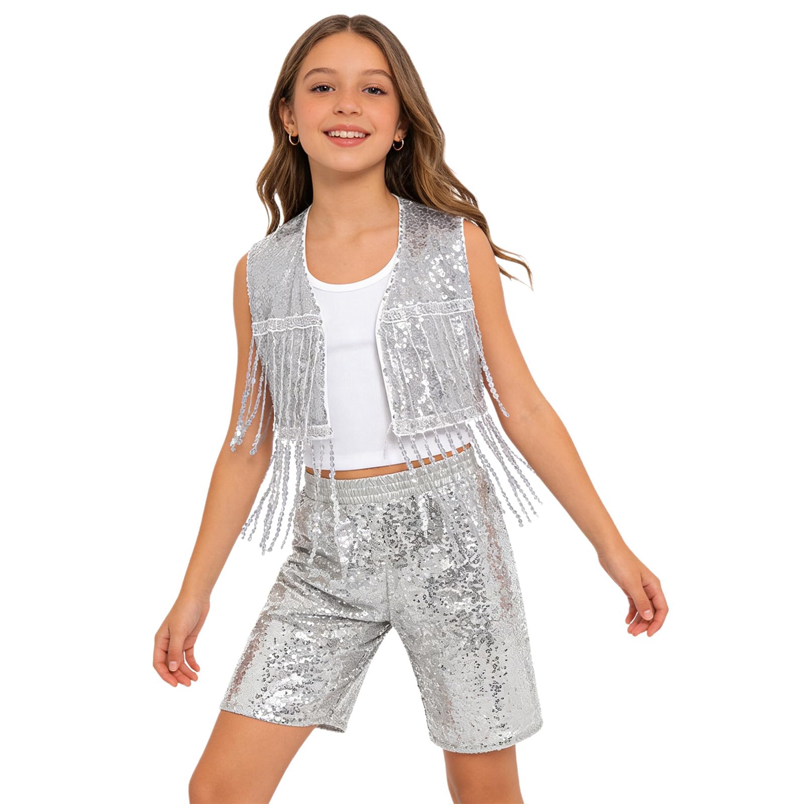 Pantalones cortos de baile para niña y camiseta brillante plata de ballet 5-6 años 8
