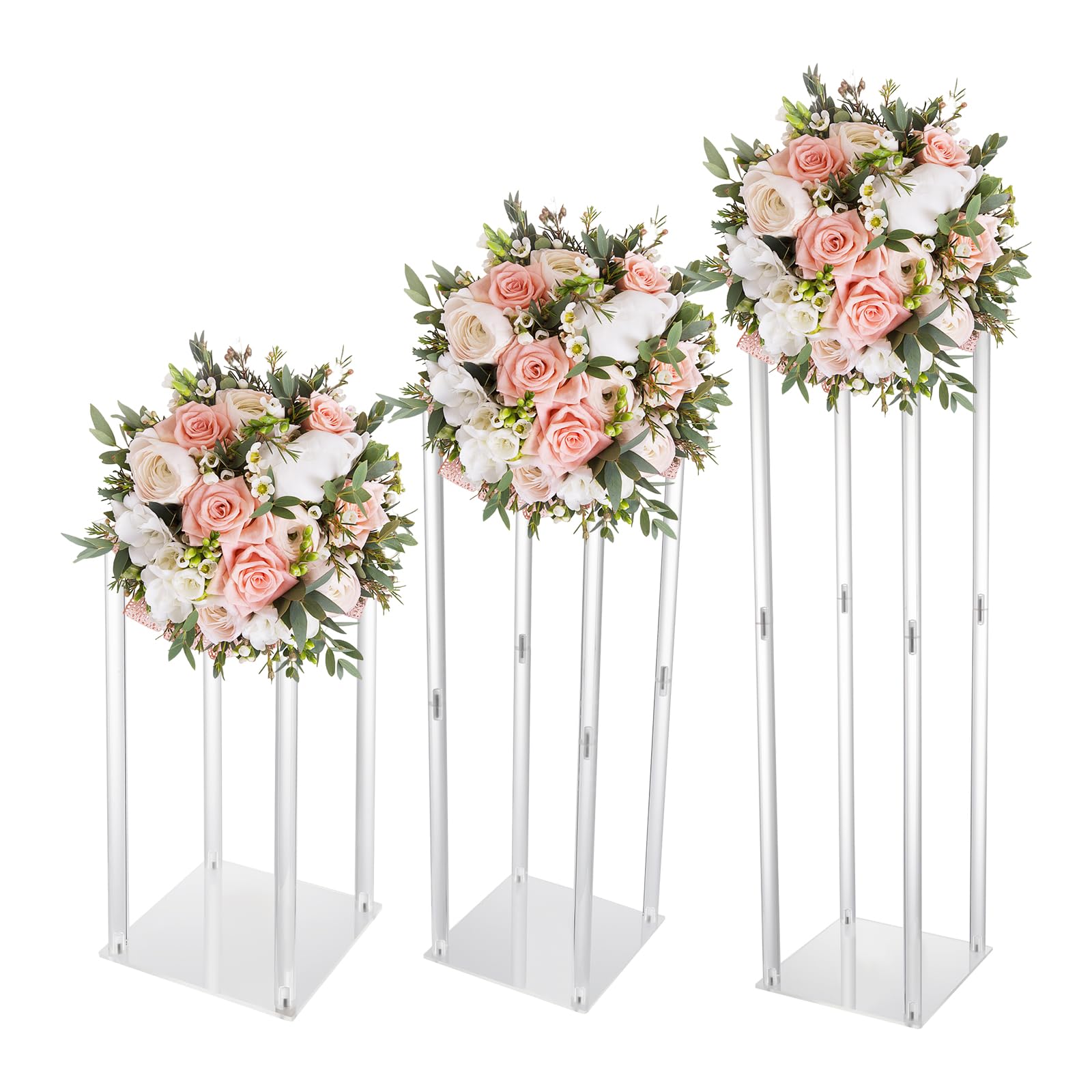 Blumenständer für Hochzeit, Aufsteller, Acryl, Tischaufsteller, Set mit 3 | Transparentes Acryl, 3 Höhen 40/60/80 cm, einfache Montage, Verwendung im Innen- und Außenbereich, wiederverwendbar